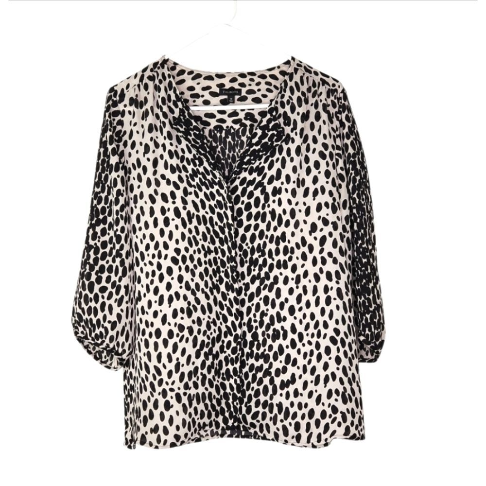 Talbots Black & Tan Spotted Animal Print Button Up Chiffon Blouse Size 10